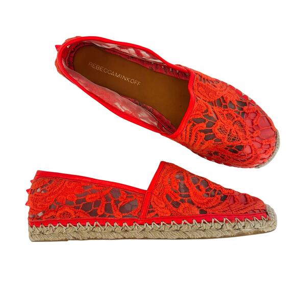 Rebecca Minkoff Genny Lace Mesh Espadrille Slip-On Slats Shoes Red Hot Spike 9.5 - Picture 1 of 10
